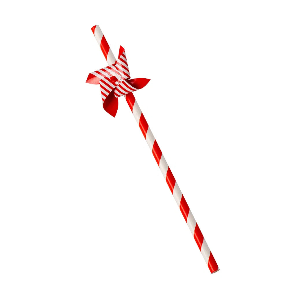 Red & White Rotating Paper Windmill Straws Set of 12