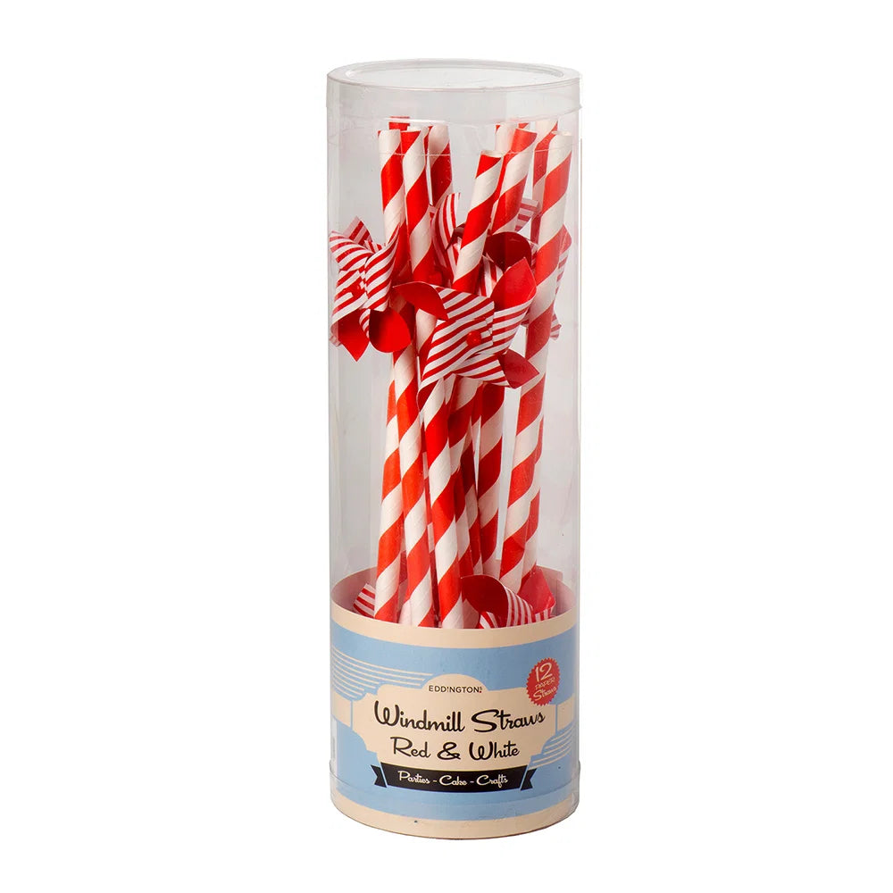 Red & White Rotating Paper Windmill Straws Set of 12