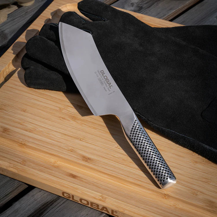 Global 3pc BBQ Set includes Cutting Board, Knife & Gloves