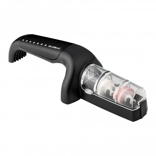 Global Black Handle White Dots - 2 Wheel Ceramic Water Sharpener - Simmer and Slice