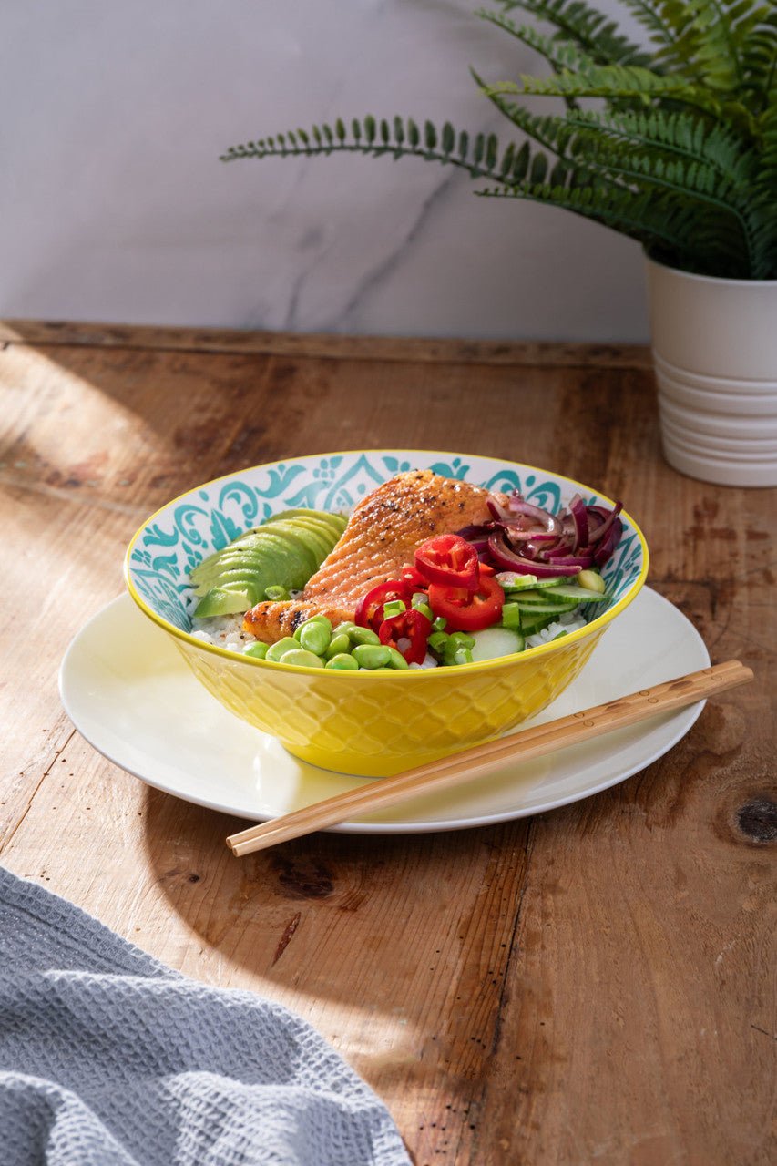 Mikasa Yellow and Blue Geometric Stoneware Ramen Bowl, 21cm - Simmer and Slice