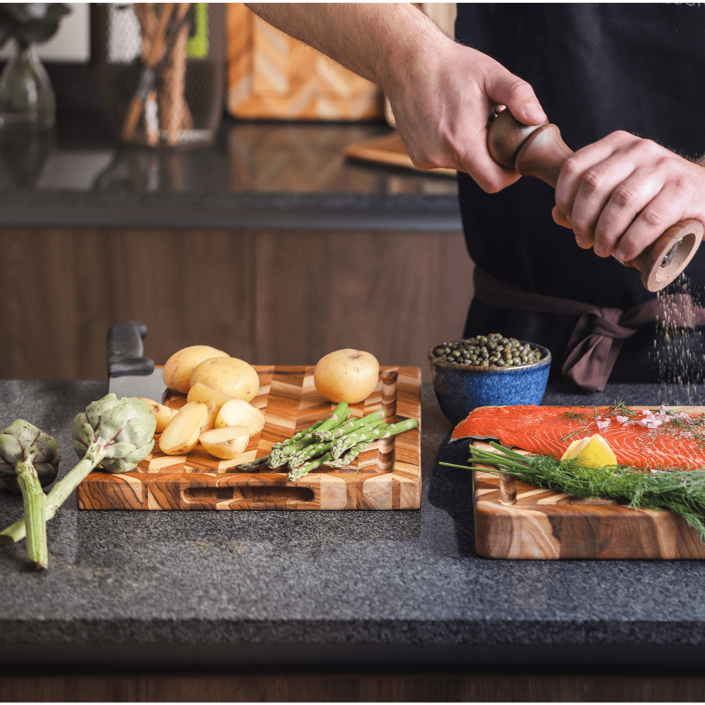 TeakHaus Herringbone Cutting Board - Medium - Simmer and Slice