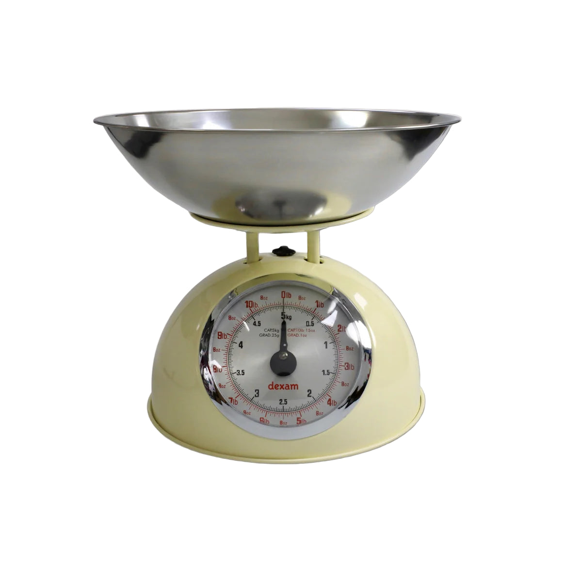 Dexam kitchen scale with metal bowl on a light  background