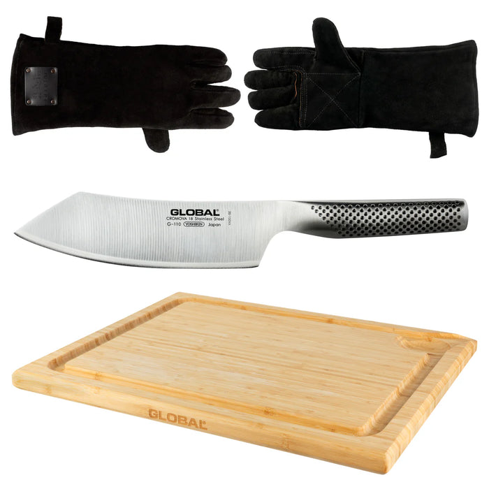 Global 3pc BBQ Set includes Cutting Board, Knife & Gloves