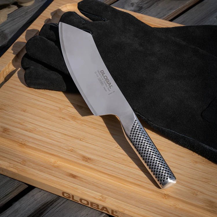 Global 3pc BBQ Set includes Cutting Board, Knife & Gloves - Simmer and Slice