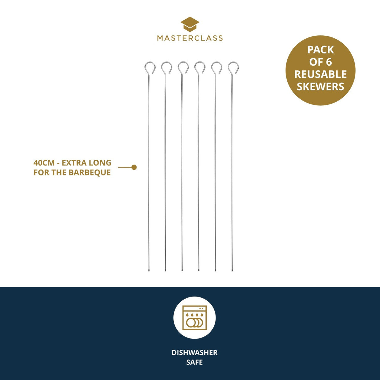 MasterClass Stainless Steel Flat Sided Skewers, Set of 6, 40cm