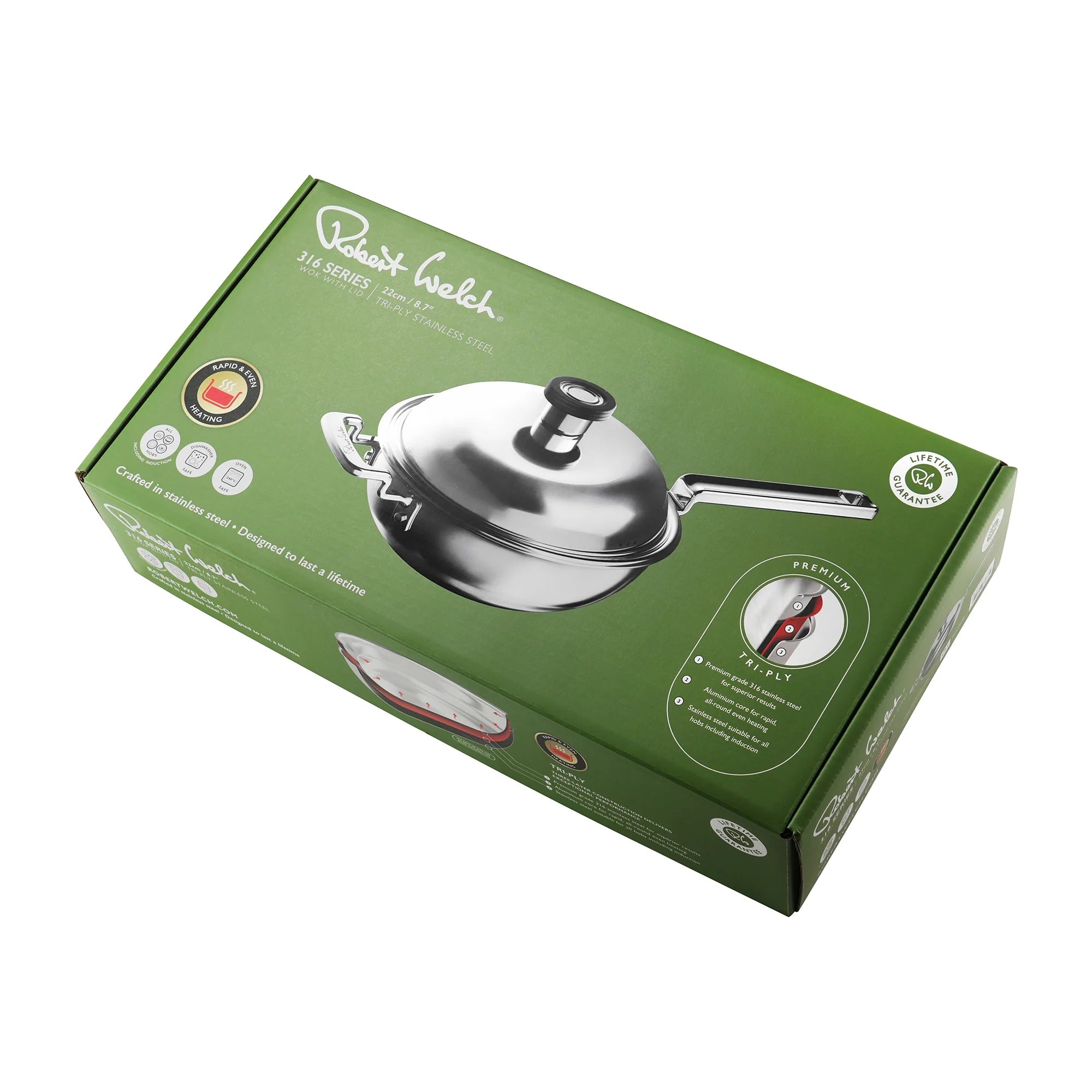 Robert Welch 316 Series Cookware (BR) Wok with Lid 22cm - Simmer and Slice