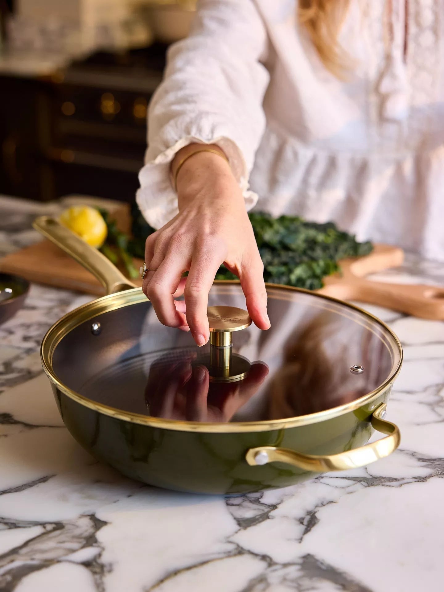 Stellar Cast Light Olive 28cm Sauté Pan with Glass Lid - Simmer and Slice