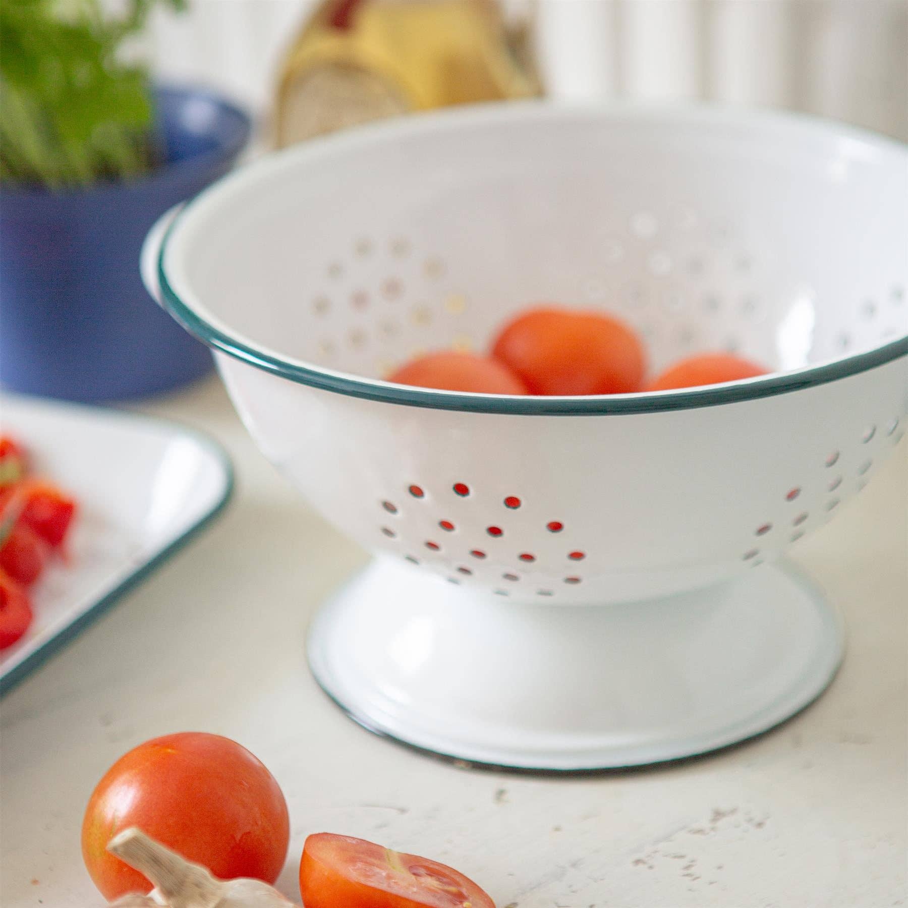 White Enamel Colander - Blue Rim - 23.5cm - Simmer and Slice
